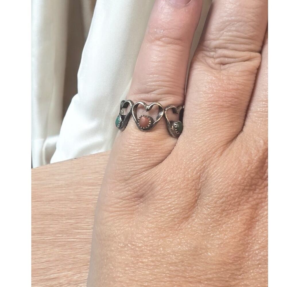 Southwestern Turquoise & Coral Heart Eternity Ring – Sterling Silver – Size 7
